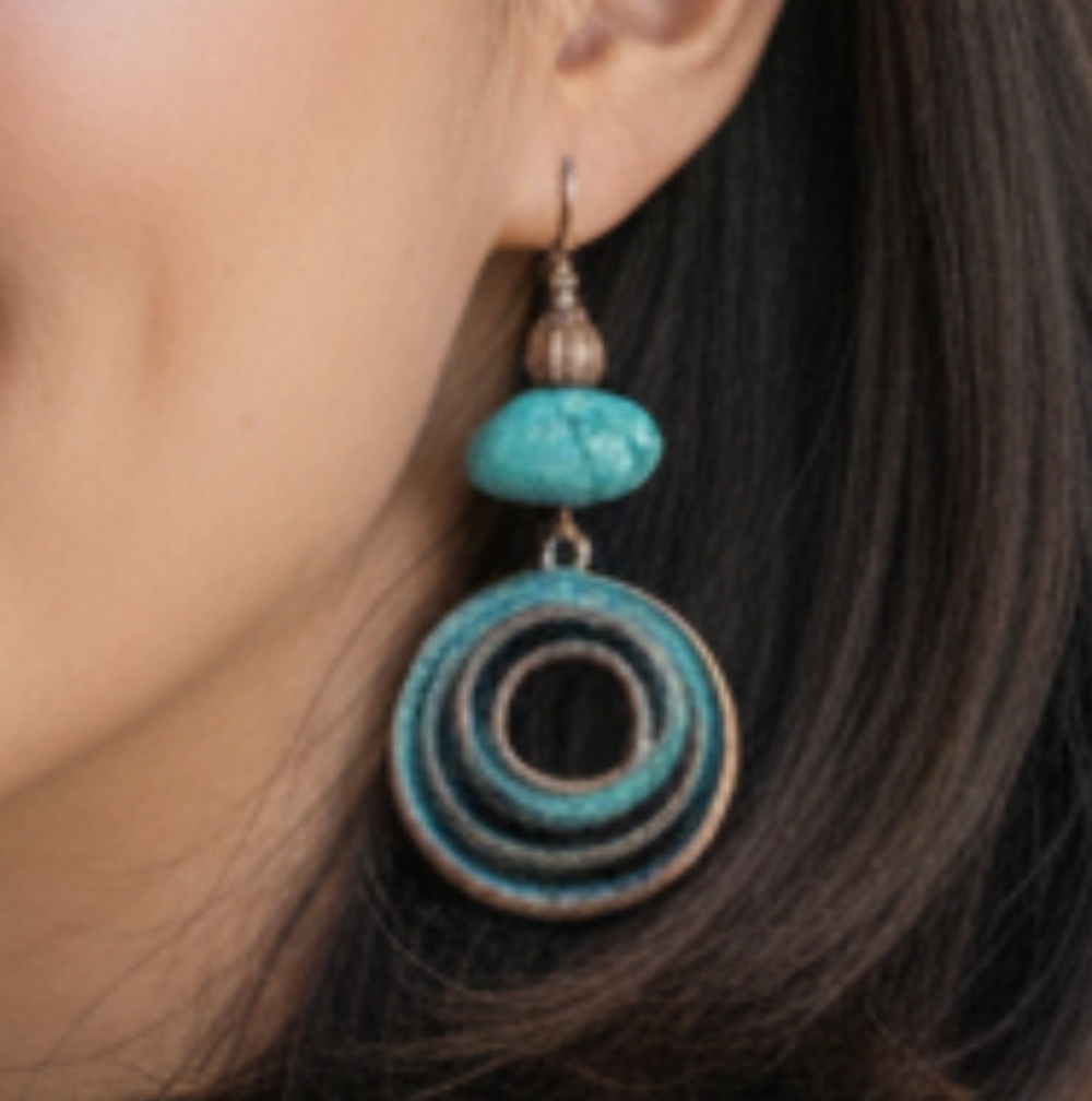 Turquoise Blue Copper Spiral Drop Earrings #407 - Picture 2 of 4